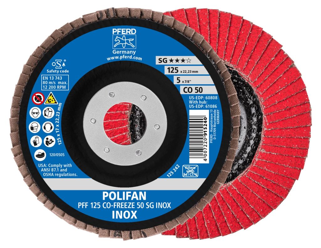 PFERD TOOLS POLIFAN Fächerscheibe PFF 125x22,23 mm flach CO-FREEZE 50 Leistungslinie SG INOX Edelstahl 10 Stk