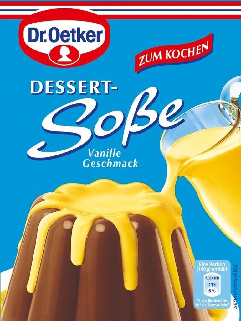 A box of Dr. Oetker dessert sauce with vanilla flavor, showing a chocolate pudding being drizzled with the sauce.