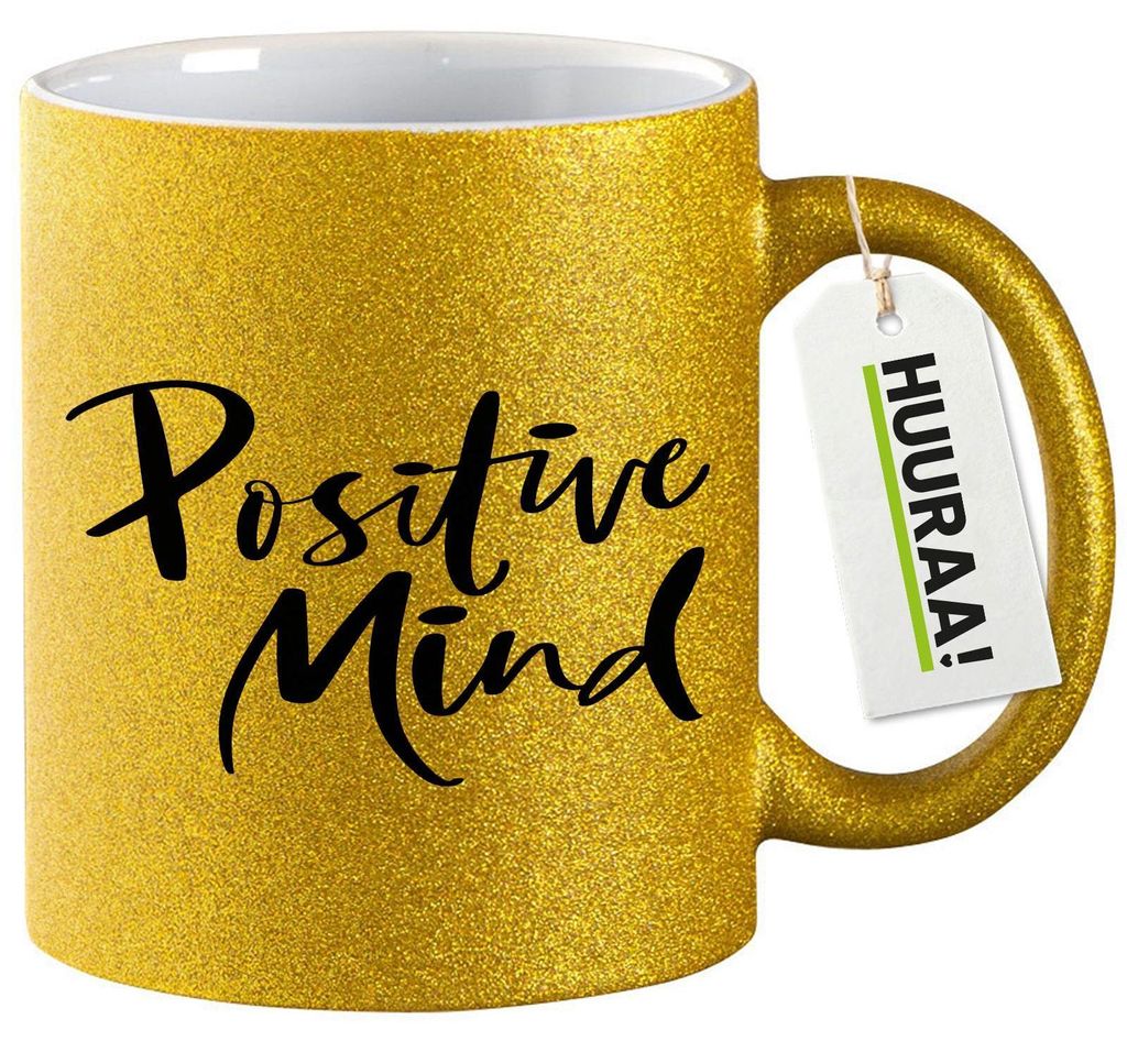 Huuraa Glitzertasse Positiv Mind Schriftzug 330ml Gold Keramik Kaffeebecher Geschenkidee