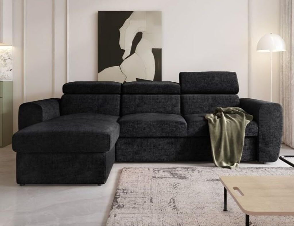 MODERNO Ecksofa mit Schlaffunktion NAPOLI, Schlafcouch L-form, Modern Ecke Schwarz