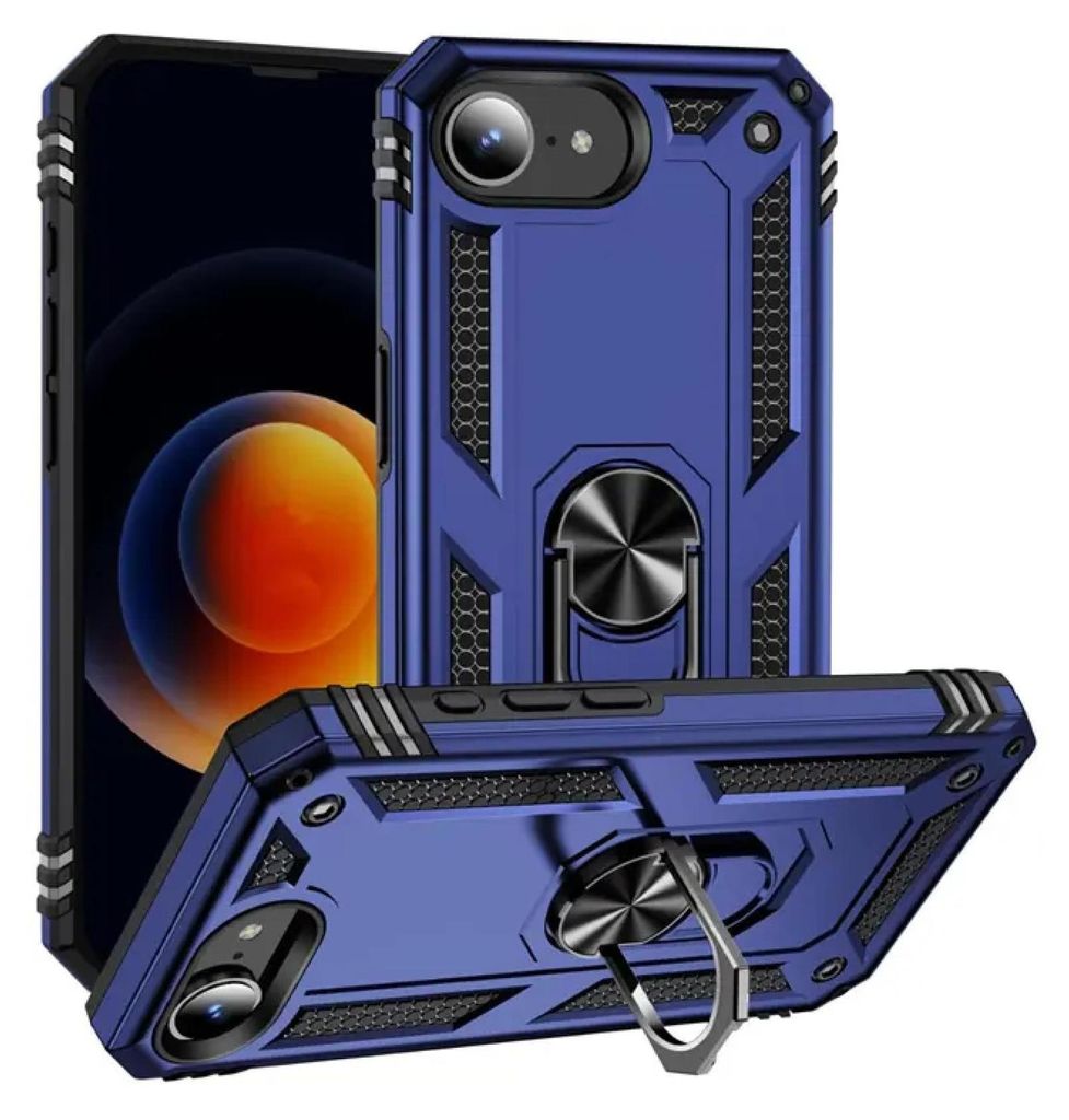 A blue protective phone case with a ring stand is displayed.
