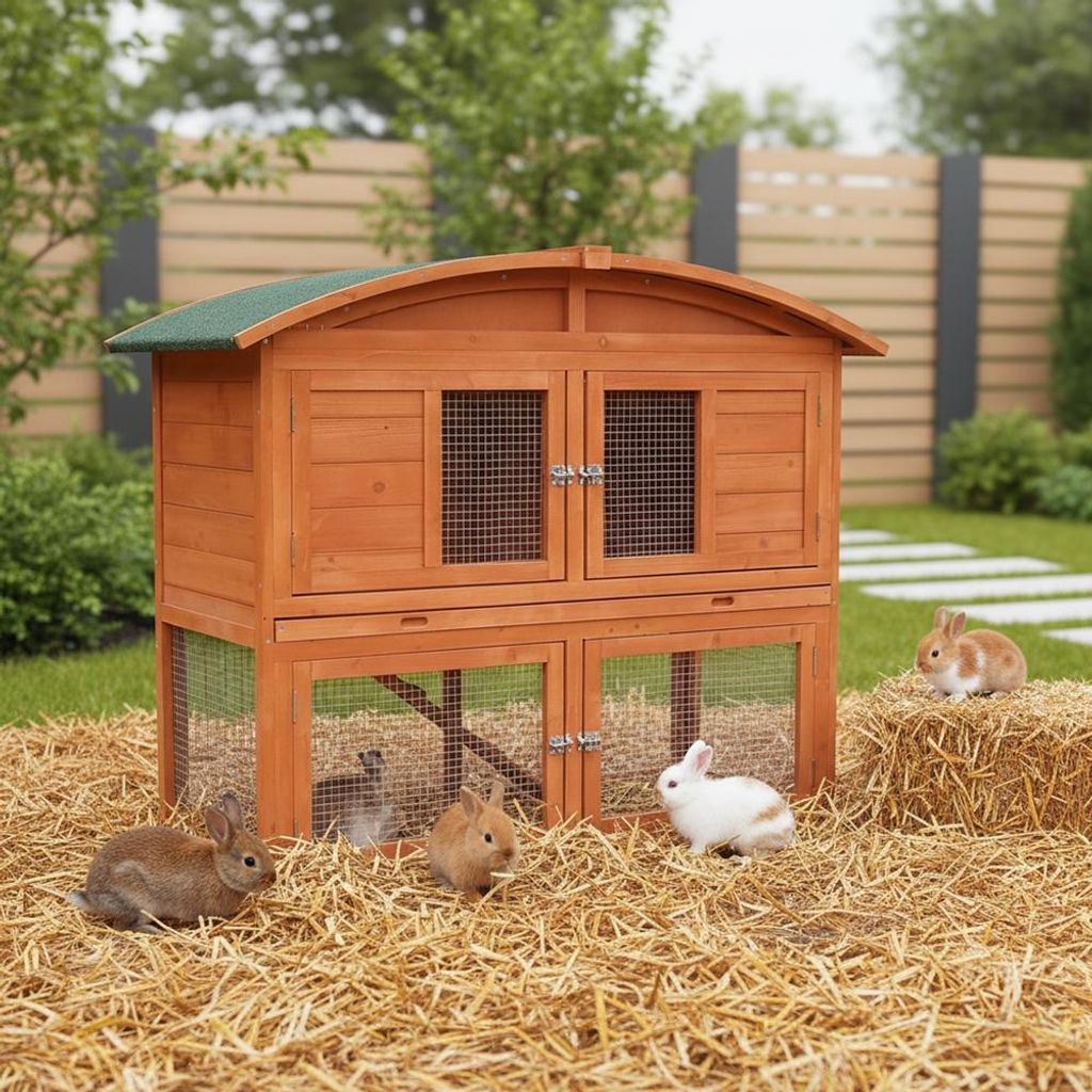 Kaninchenstall mit Runddach aus Holz, 2 Ebenen & Freilauf, Produktbild 