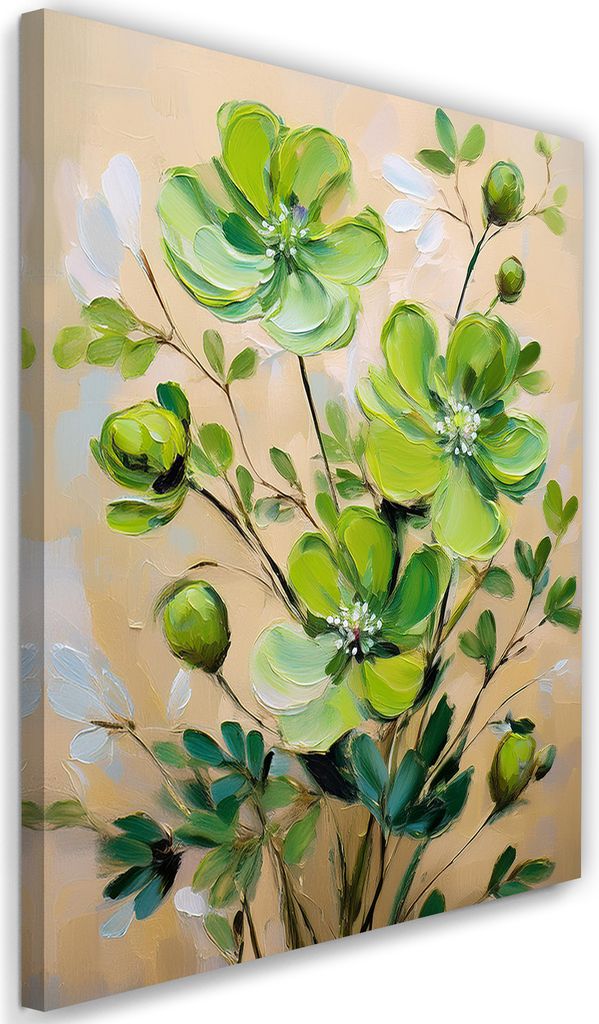 Leinwandbild Grün Gemalte Blume Pfingstrose 40x60 Feeby Grün bild für die wand bereit zum aufhängen