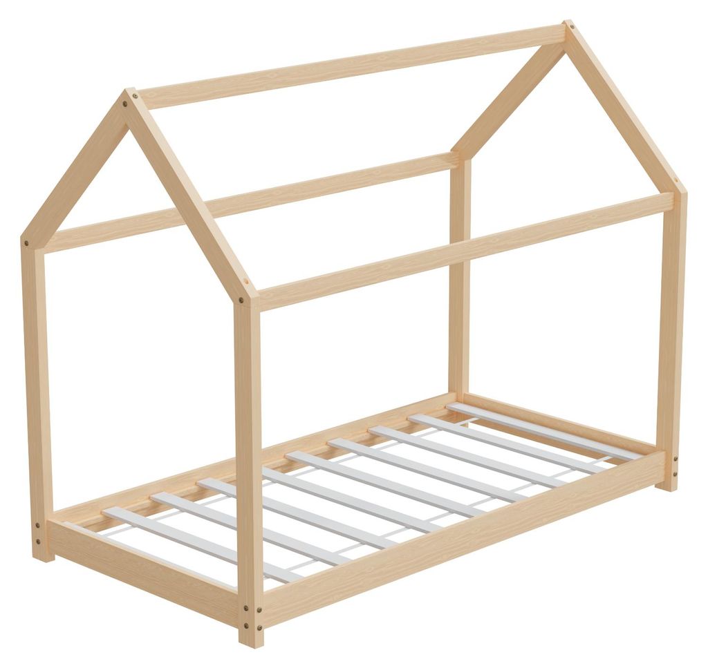 HAGO24 Kinderbett 80x160cm Natur Kinderhaus Bett Kiefernholz Hausoptik Dach Bodentiefer Einstieg Montessori Lattenrost Spielbett