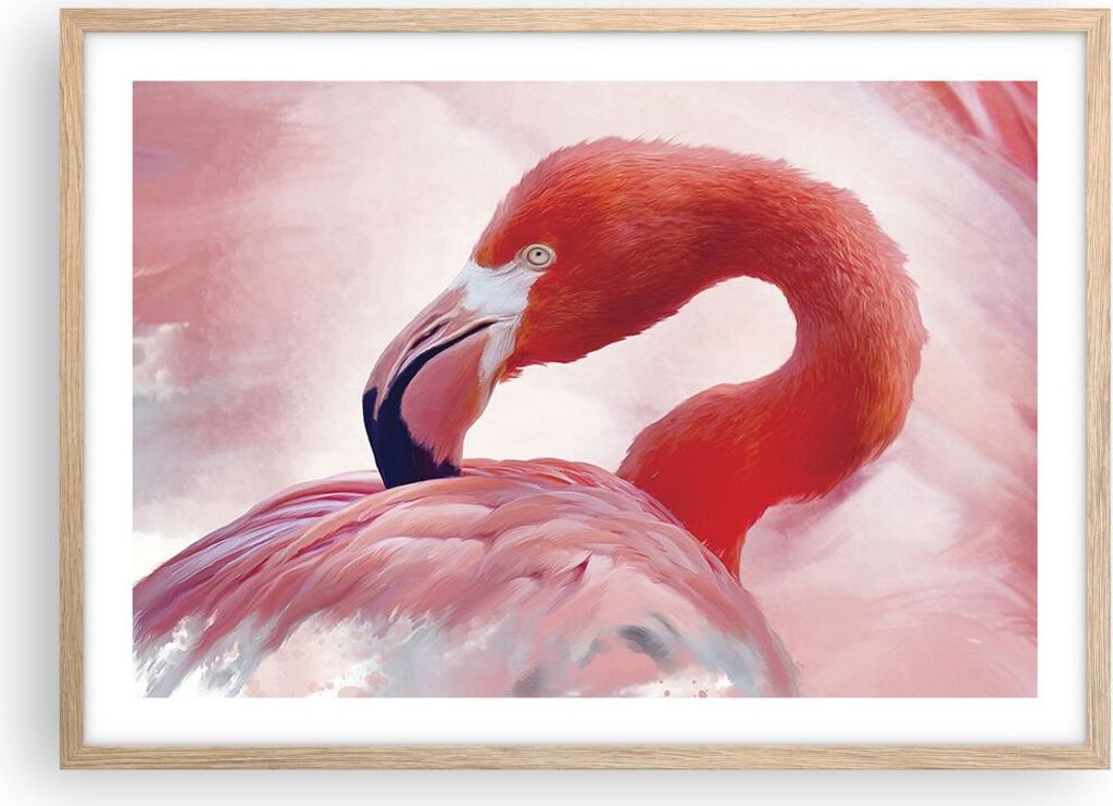Gerahmtes Poster - Rahmen in heller Eiche - Flamingo Vogel Porträt - 70x50 cm - Wand Bild - Wanddeko - Wandbilder - Kunstposter - Wandposter - Bil...