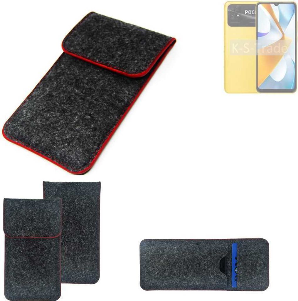 K-S-Trade Handy Schutz Hülle kompatibel mit POCO C50 Schutzhülle Handyhülle Filztasche Pouch Tasche Case Sleeve Filzhülle dunkelgrau roter Rand