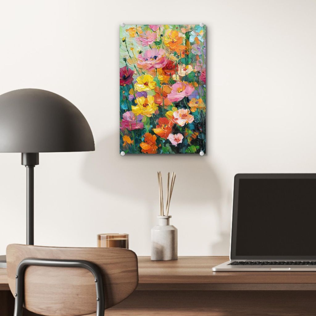 MuchoWow Glasbilder - Bilder auf Wandbild - Foto auf Glas Blumenexplosion - Leuchtende Farben - Fröhlich 20x30 cm Wanddekoration aus Glas - Acrylg...