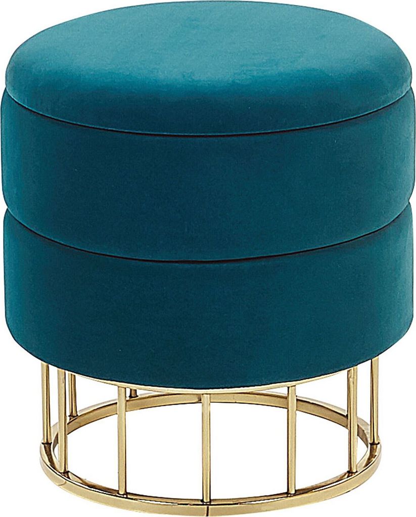 BELIANI Pouf mit Stauraum Blaugrün Samt Gepolstert Gesteppt Rund 37 cm Goldenes Metallgestell Moderner Sitzhocker für Wohnzimmer Schlafzimmer...