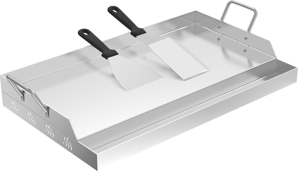 TRMLBE BBQ Plancha Grillplatte 51 x 32 cm Edelstahl Grillmatte Universal Griddle mit 2 Griff & Grillspatel Grillpfanne Grillschale für Holzkohlegr...