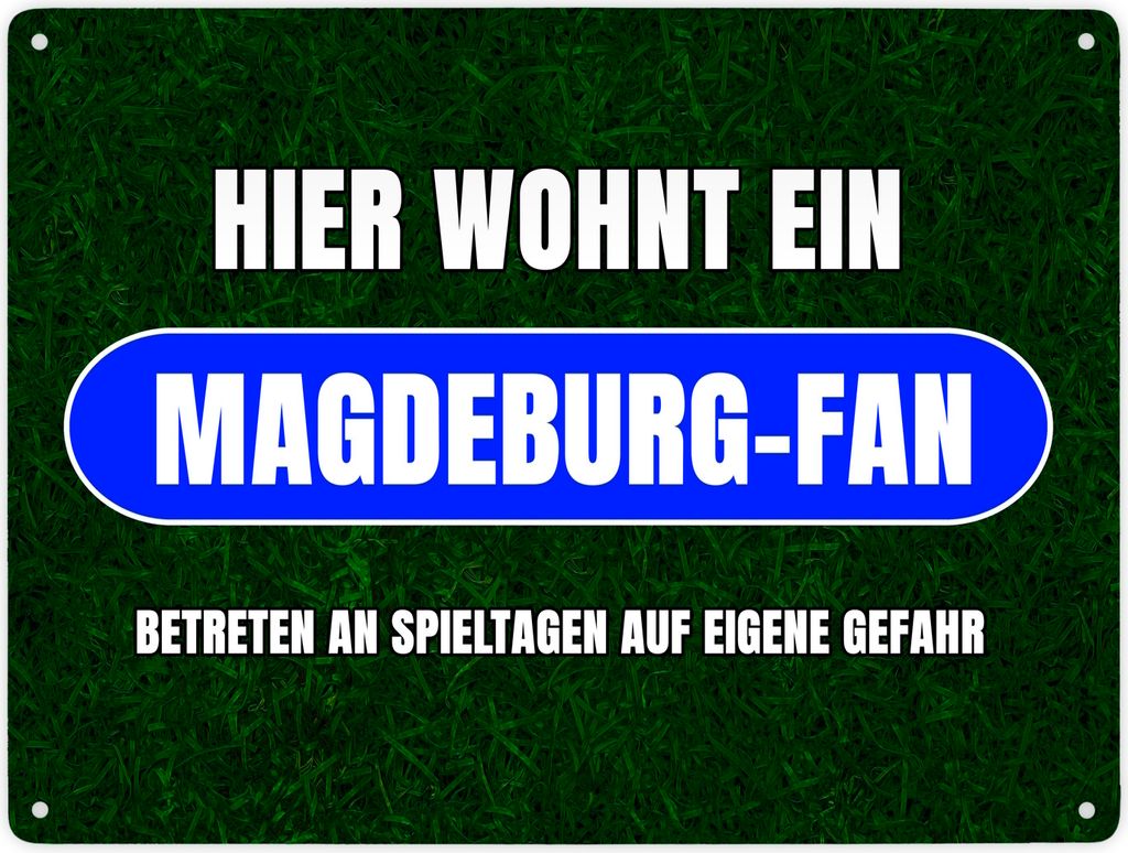 Hier wohnt ein Magdeburg-Fan Metallschild XXL in 28x38 cm mit Rasenmotiv