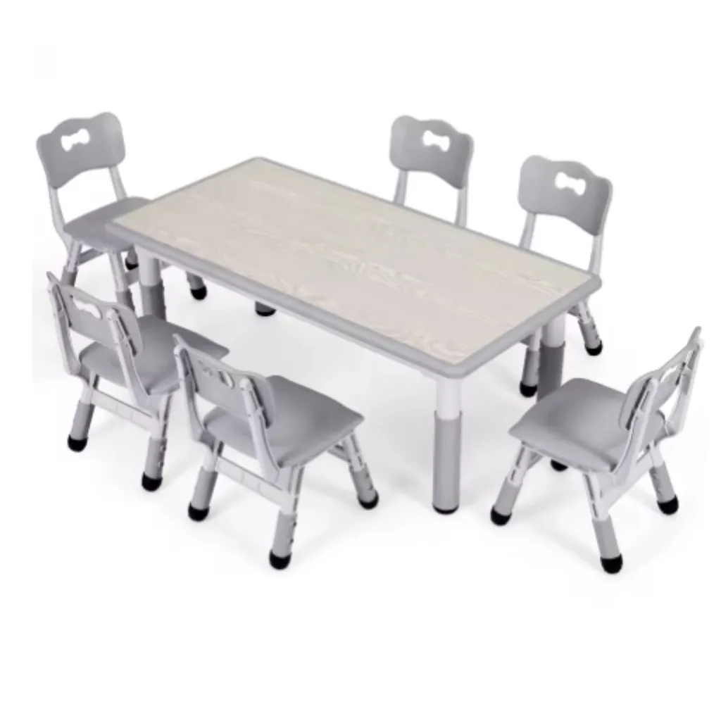 Bureau enfant évolutif gris avec 6 chaises : fini le manque de place