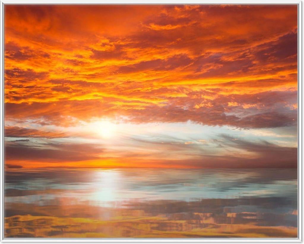 Wallario Wandbild Abendrot in Reflexion über dem See, Größe: 40,30 x 50,30 cm, Poster mit weißem Aluminiumrahmen