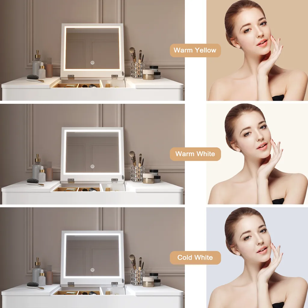 Coiffeuse en Bois avec Miroir Rabattable et 2 Compartiments de Rangement - 3