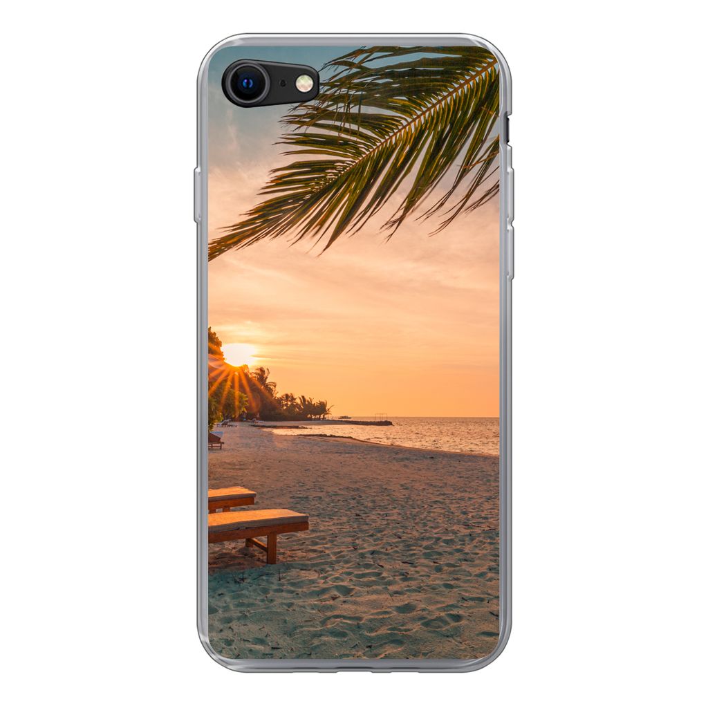MuchoWow Handyhülle Schutzhülle Hülle für iPhone SE 2022 Strand - Strandkorb - Sonnenuntergang Silikon Softcase Handy Hülle - Schutzhülle