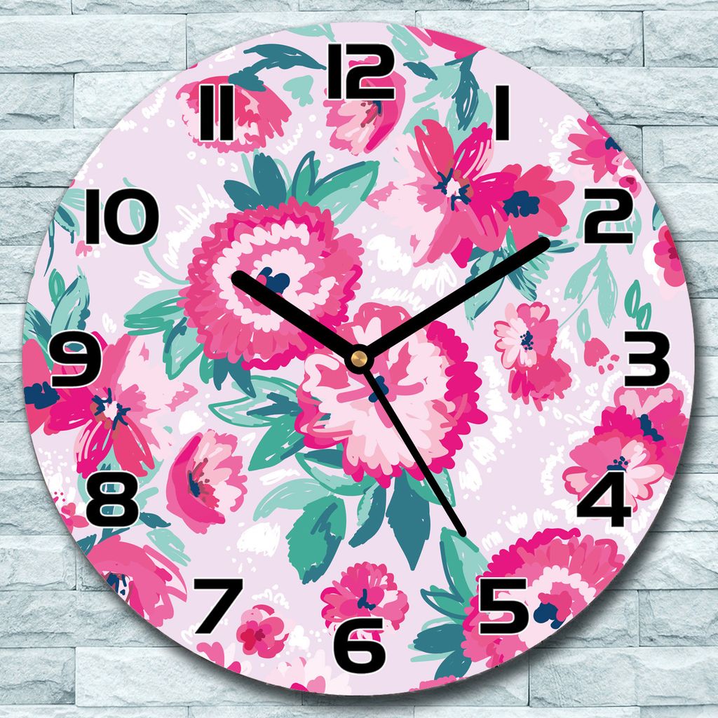 Wanduhr aus Glas Rund fi 30 Rosa Blumen Wiese Quarz Deko Wohnzimmer Büro