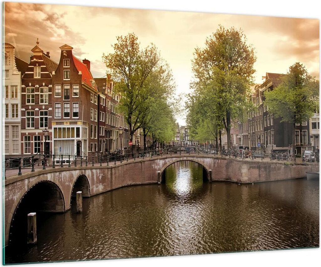 Bilder auf glas - Kanal Wasser Amsterdam Fahrrad - 100x70cm - Glasbilder - Wandbilder - Kunstdruck - zum Aufhängen bereit - Wanddekoration aus Gla...