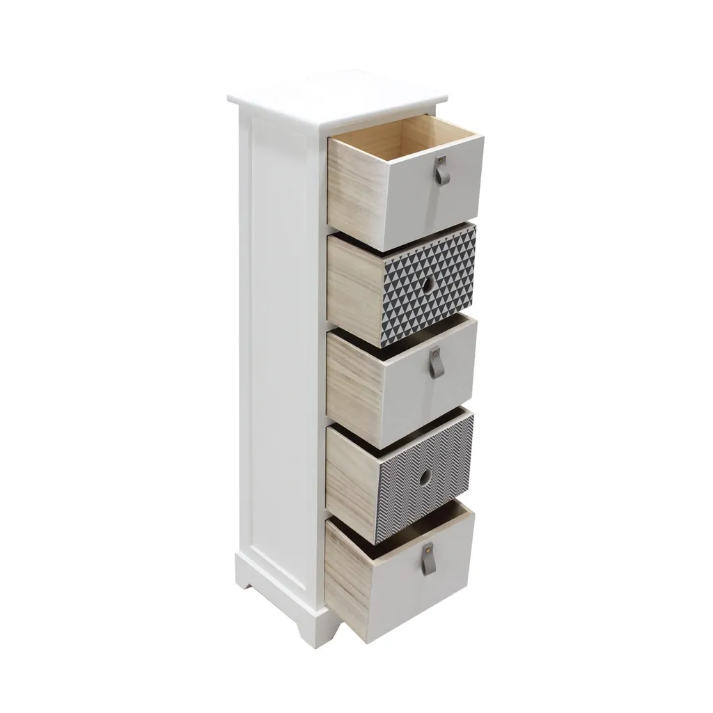 Commode fine bois 5 tiroirs gris et blanc avec façades décorées chic - 4