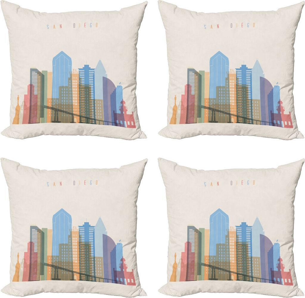 ABAKUHAUS San Diego Kissenbezug Set (4 Stück), Pastellfarben-Wolkenkratzer, Moderner Doppelseitiger Digitaldruck, 45 cm x 45 cm, Mehrfarbig