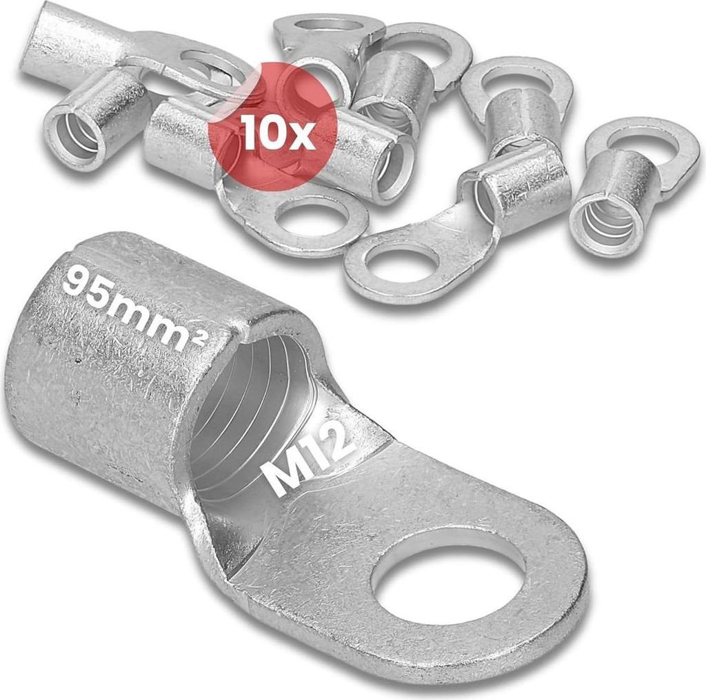 10 Stück Kalitec Q95-12 Quetschkabelschuh 95mm² M12 I Unisoliert I Dornpressung I Für mehr-, fein- und feinstdrähtige Leiter I Kabelschuh 95mm²