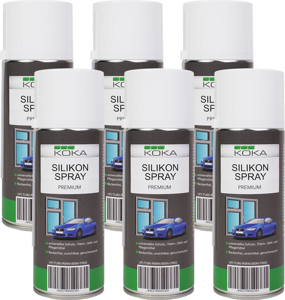 Six cans of KOKA Silikon Spray Premium are arranged in two rows.