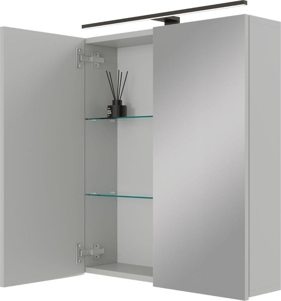 Planetmöbel ARIA Spiegelschrank für das Bad 60 cm mit Beleuchtung und Steckdose Weiß Grau