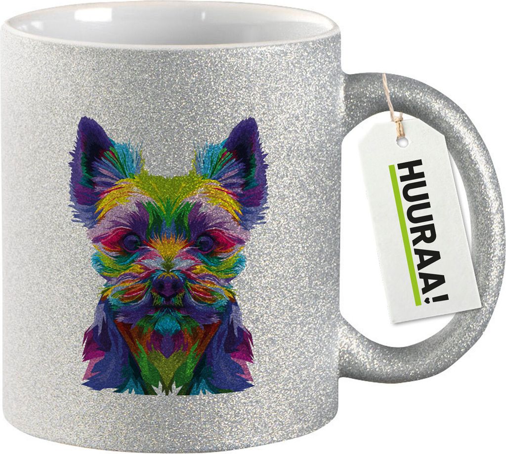 Huuraa Glitzertasse Yorkshire Terrier Colorful 330ml Silber Keramik Kaffeebecher Geschenkidee