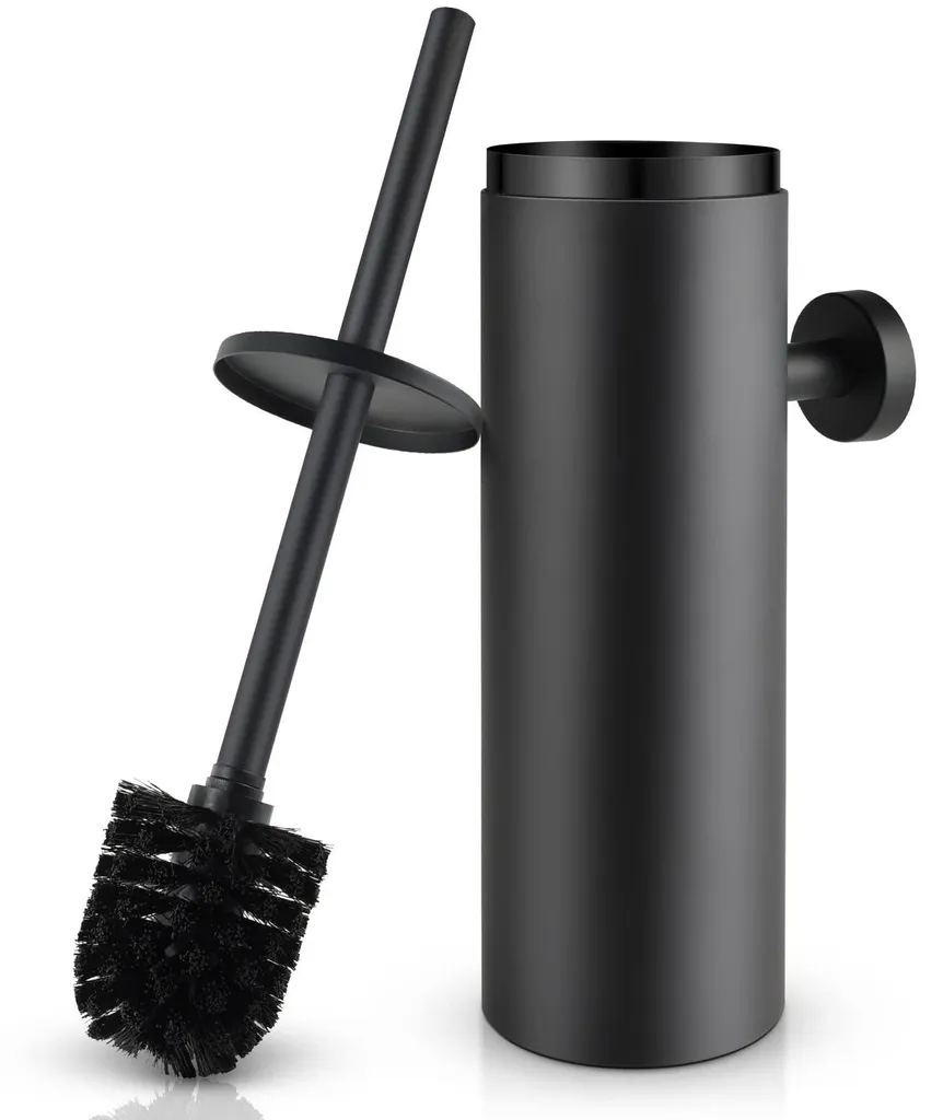 Brosse WC inox noir mat avec pare-éclaboussures et fixation au mur 39cm