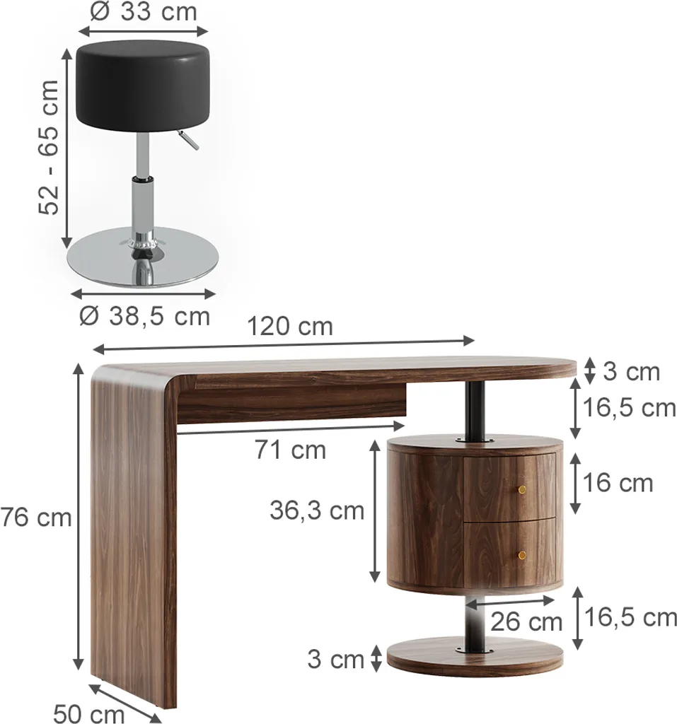 Coiffeuse 120cm chêne rustique Vicco Lara avec tabouret solide et large - 3