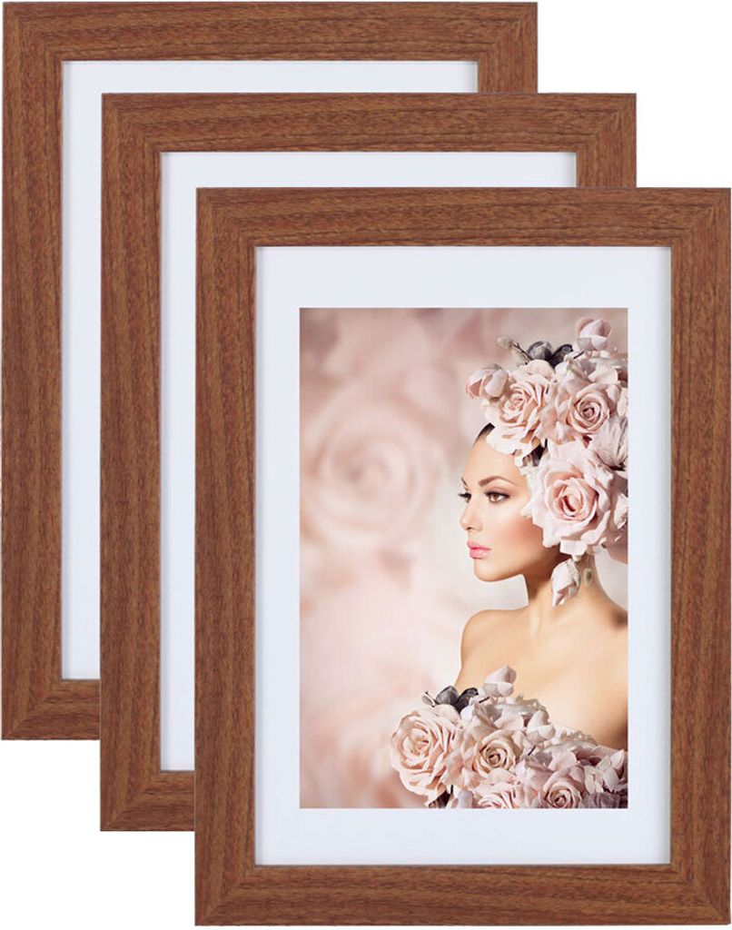 3er Pack Holz Bilderrahmen Foto Plexi Rahmen Acryl Collage Wanddeko Poster S215 - Farbe: Braun | Format: 29,7x42 A3