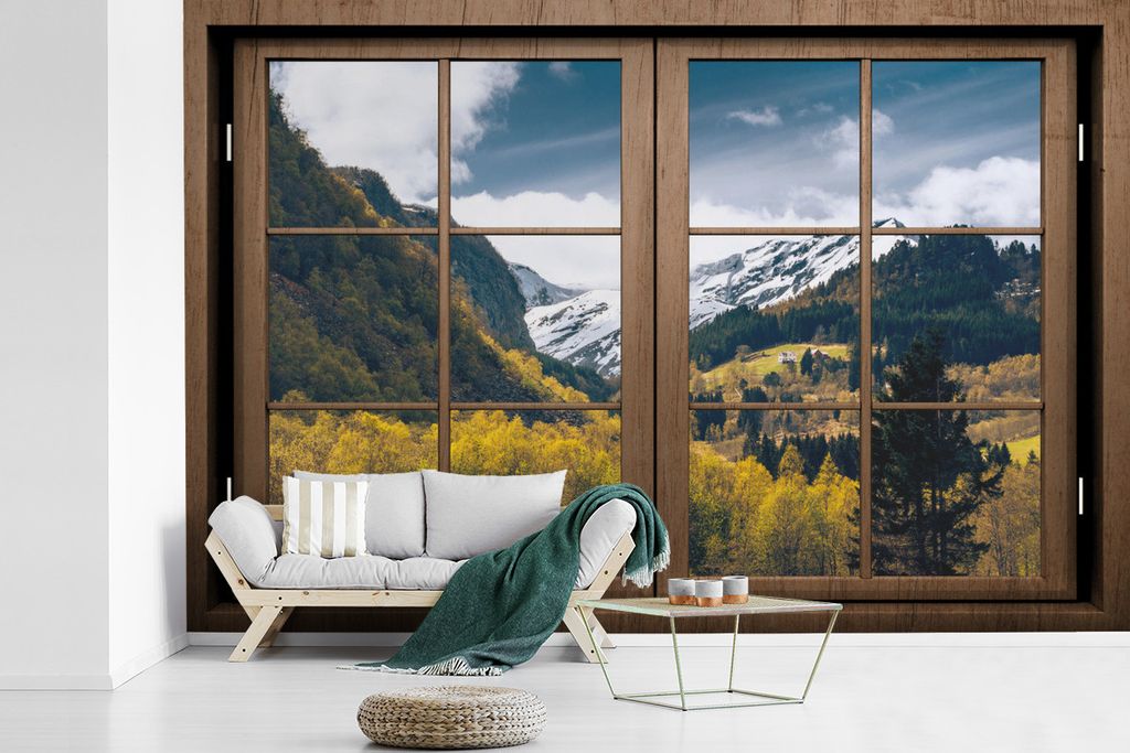 MuchoWow Fototapete für Wohnzimmer oder Schlafzimmer Wandtapete Vinyl Motivtapete Aussicht - Schnee - Berg - 450x300 cm - Gemusterte