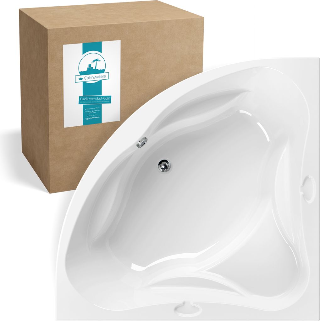 Calmwaters Eckbadewanne 140x140 cm mit Sitz, Acrylwanne Original, Duo-Badewanne für zwei Personen, Sitzbadewanne, Maße 140 x 140 cm, Eck-Badewa...