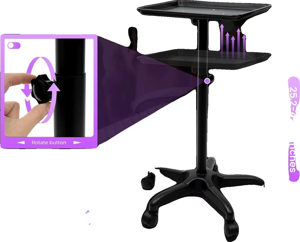 Chariot de salon noir réglable en hauteur à grande capacité de stockage
