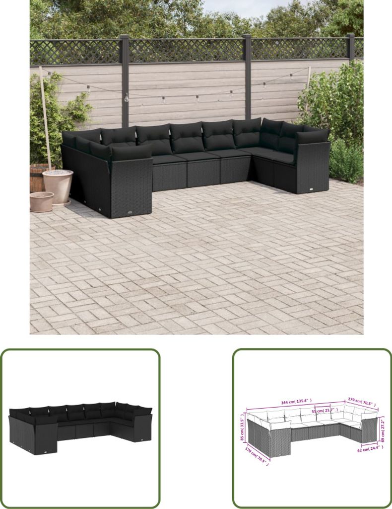 The Living Store 10-tlg. Garten-Sofagarnitur mit Kissen Schwarz Poly Rattan