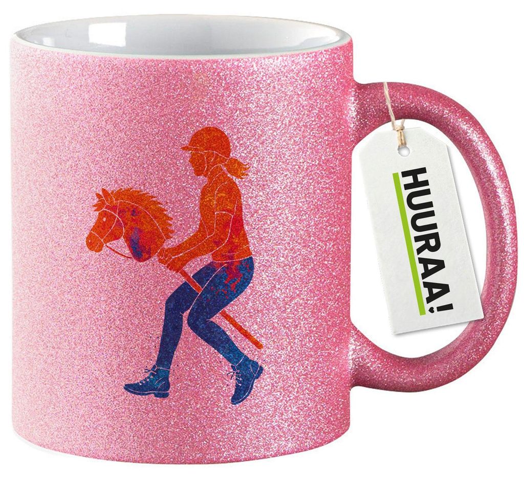 Huuraa Glitzertasse Hobby Horsing bunte Silhouette 330ml Pink Keramik Kaffeebecher Geschenkidee