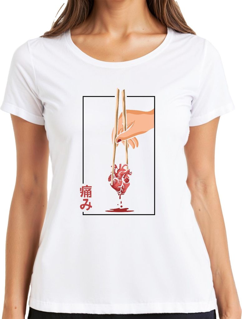 痛み Anatomisches Herz Essstäbchen Anime Vaporwave Japan Streetwear Damen T-Shirt, Weiß, XXL