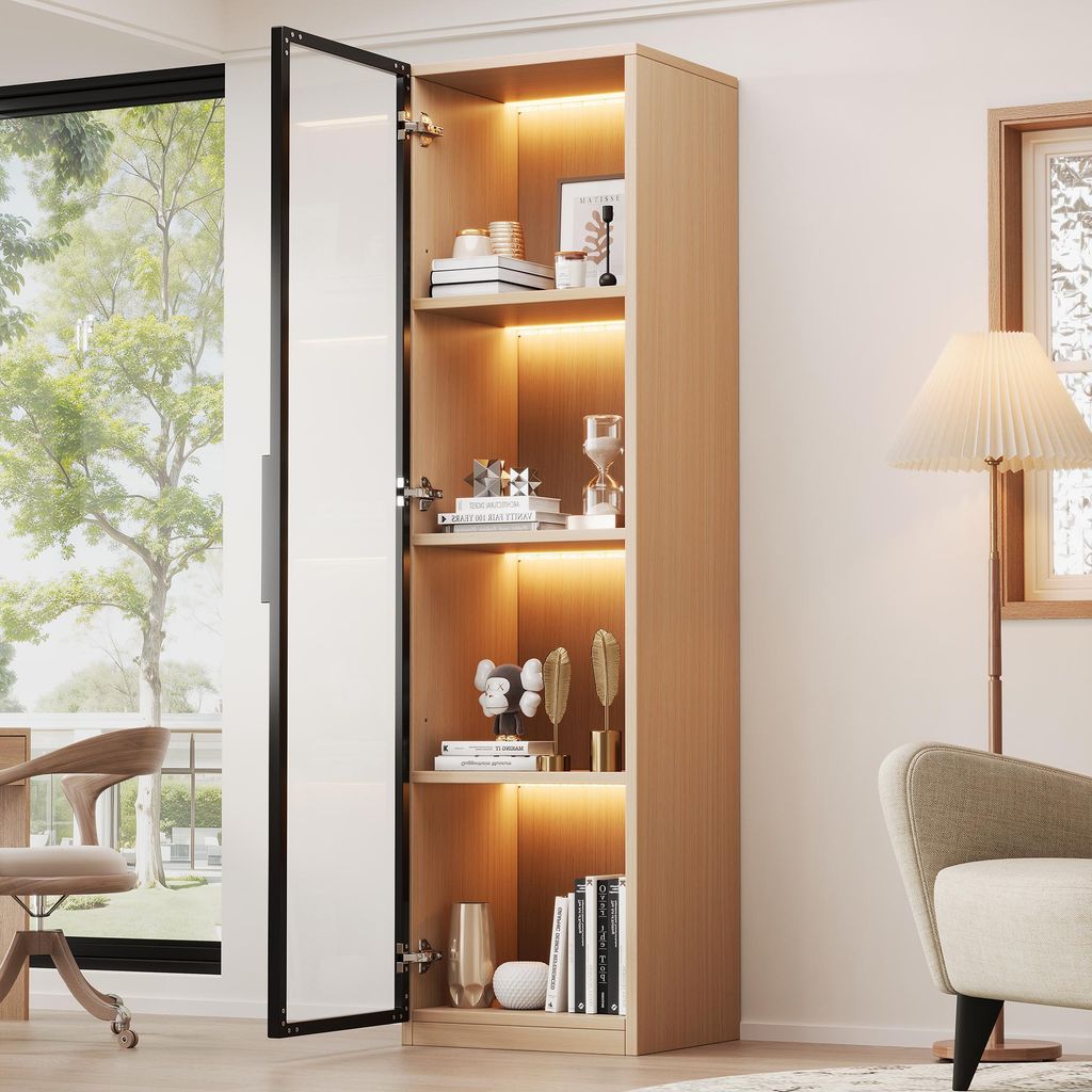 MODFU Vitrinenschrank Vitrine mit Glastür mit LED Beleuchtung und Soft Close Für Wohnzimmer Eiche