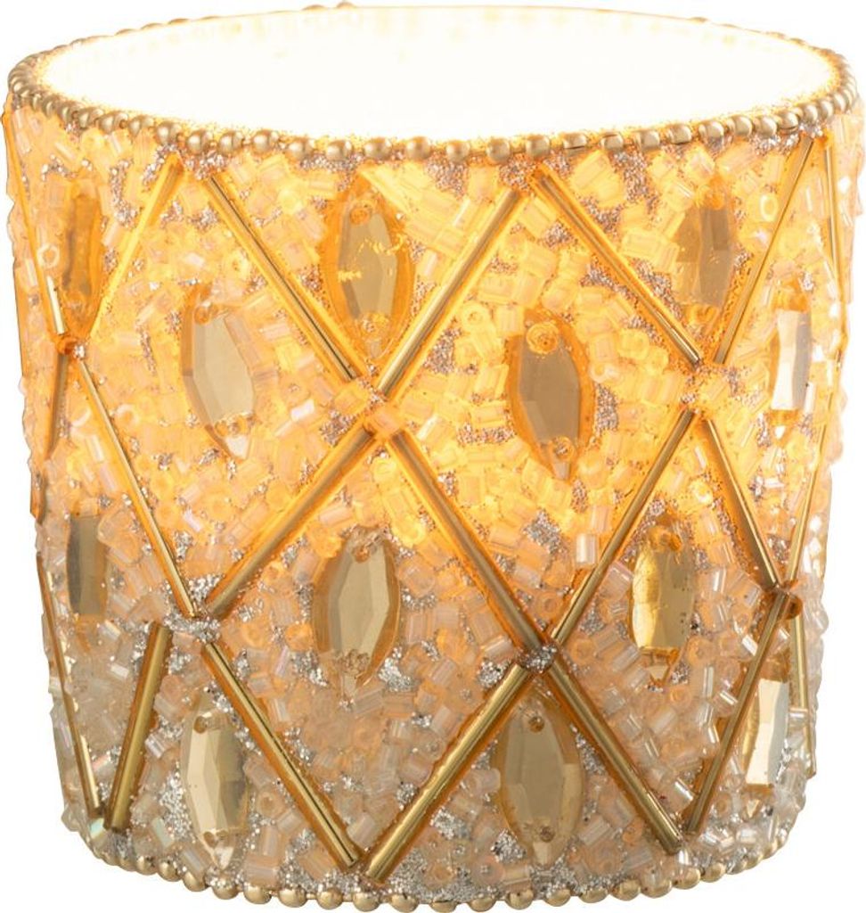 J-Line Windlicht Glas/Perlen Weiß/Goldfarben Small
