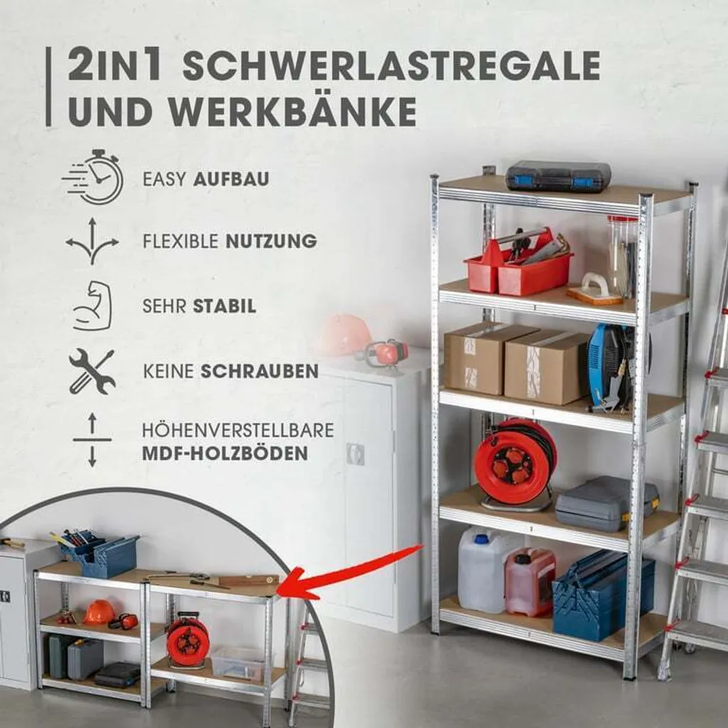 Rayonnage Métallique Modulable 2 en 1 et Établi d'Atelier - Pack de 2 Unités