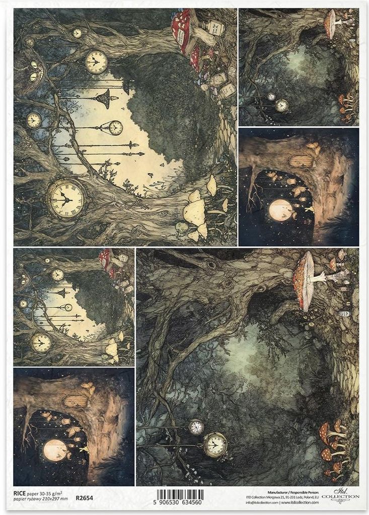 Reispapier für Decoupage A4 - dunkler Wald, Uhren, Pilze, Märchenlandschaft - R2654 - Itd Collection