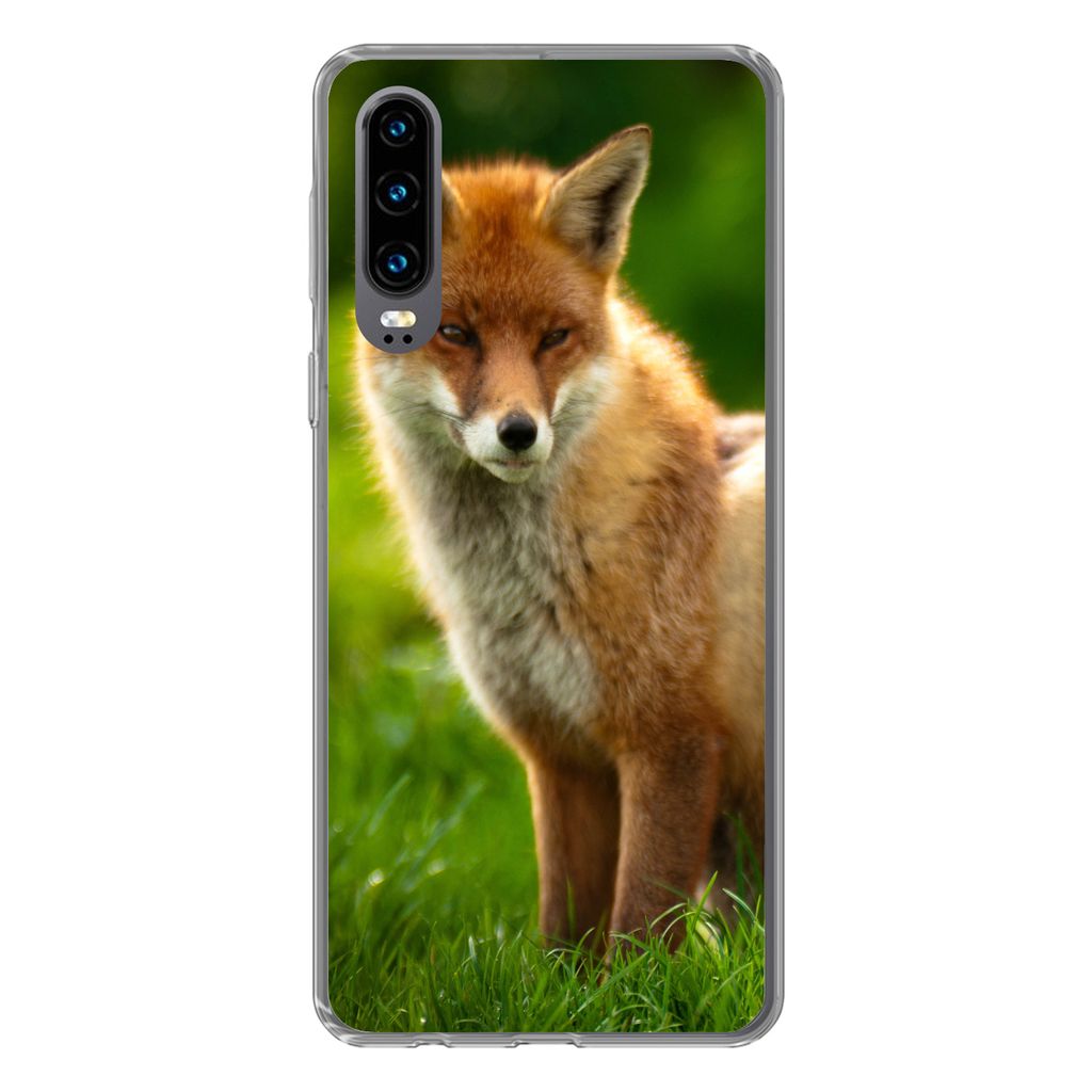 MuchoWow Handyhülle Schutzhülle Hülle für Huawei P30 Fuchs - Licht - Gras Silikon Softcase Handy Hülle - Kartenbesitzer