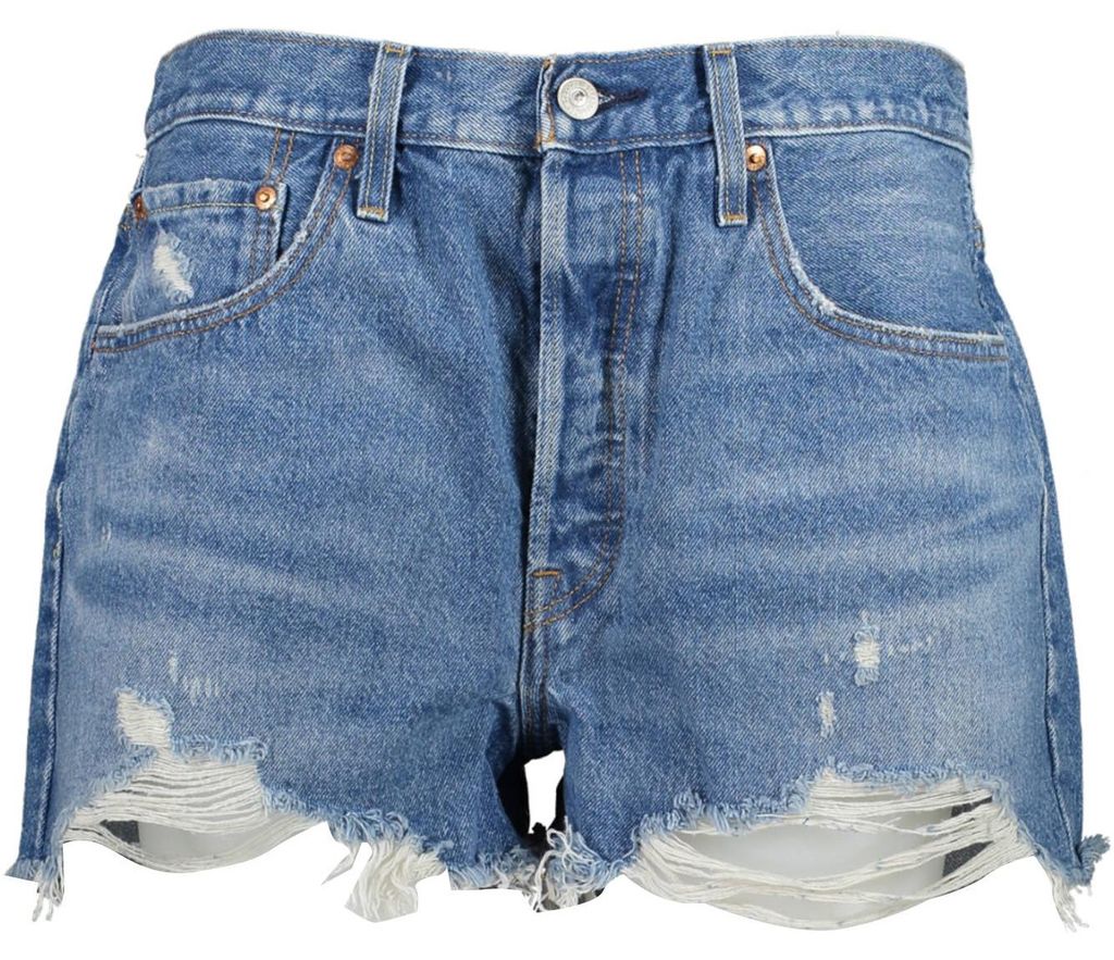 Damen Jeans Shorts Blau - 501 Style, Used-Look, 5 Taschen, Knöpfe