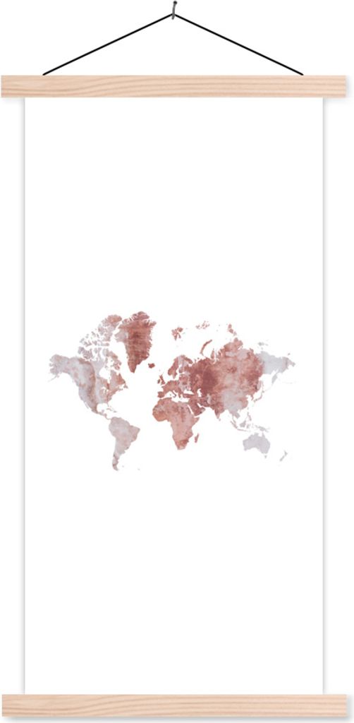 MuchoWow Textilposter Weltkarte - Rosa - Farbe 40x80 cm mit holzfarbenen Rahmen - Wohnzimmer