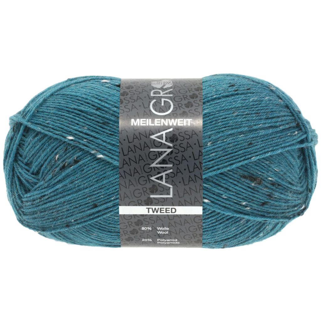 A ball of teal-colored yarn with black and white flecks, featuring a label.