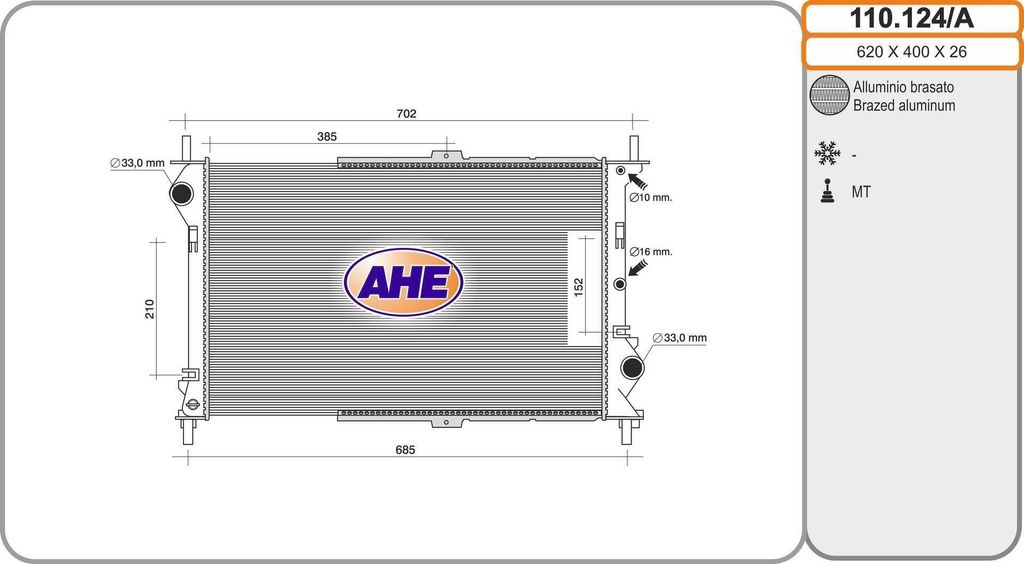 AHE 110.124/A Kühler Wasserkühler Motorkühler für FORD TRANSIT CONNECT (P65, P70, P80) Tourneo Connect Mk1