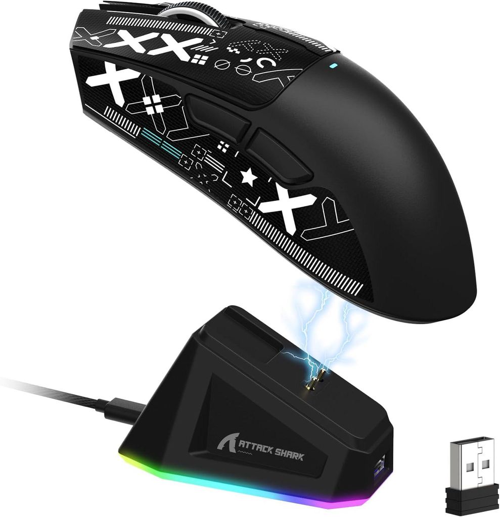 Kabellose Gaming-Maus X11 mit RGB Ladestation, PixArt PAW3311 Sensor, Tri-Mode Wired/2,4G/BT, 22.000 DPI, Ultraleicht 59g, Ergonomisch, Schwarz