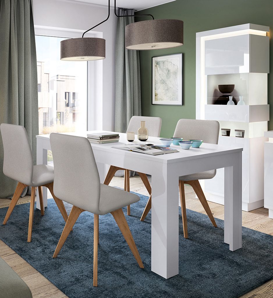 Esszimmer Set, Vitrine + ausziehbarer Esstisch (140-180cm), inkl. indirekter Beleuchtung in weiß Hochglanz, LYNDHURST-129