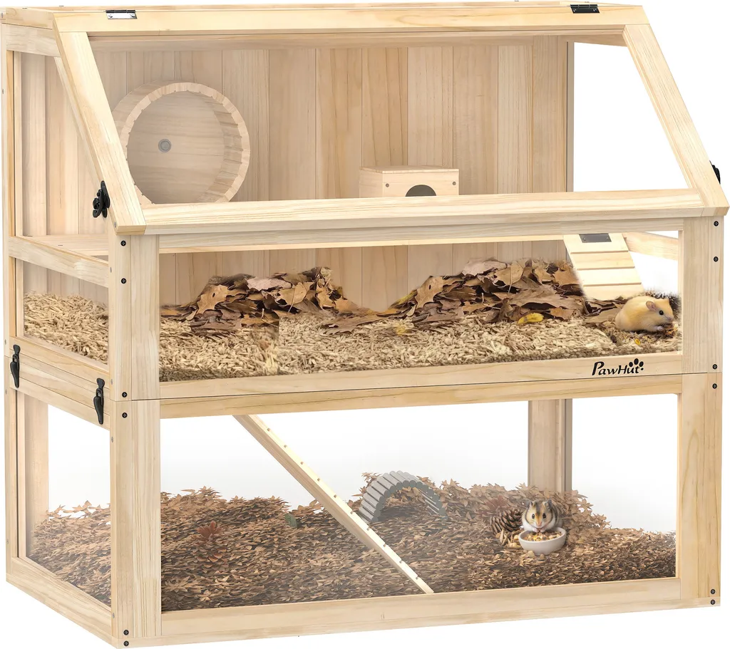PawHut Cage en Bois Hamsters 3 Etages - Nagarium avec Roue 80x50x76