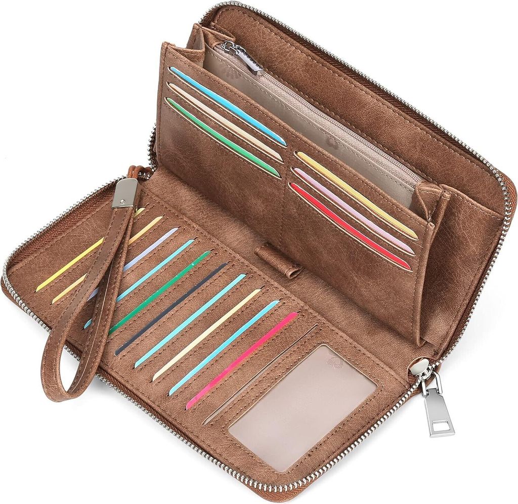 Geldbörse Damen Gross, Große Kapazität Leder Damen Portemonnaie Reißverschluss mit RFID-Blockierung Geldbeutel Viele Fächer RFID Portmonee Damen