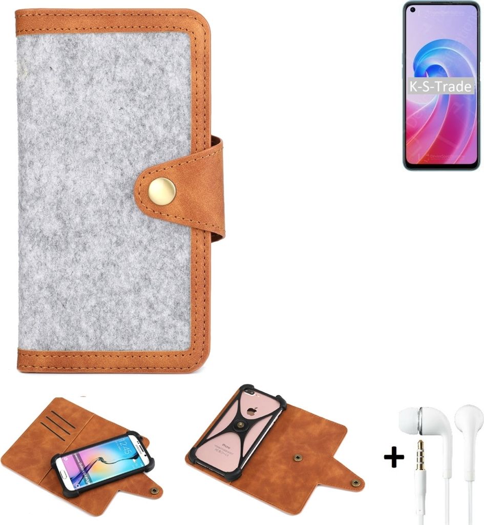 K-S-Trade Handyhülle + Kopfhörer kompatibel mit Oppo A96 Schutzhülle Filz Hülle Kunstleder hellgrau braun (1x)