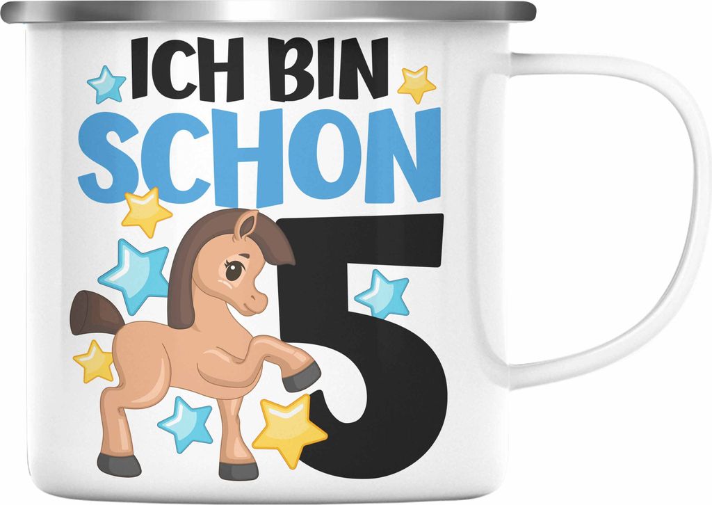 Trendation - 5. Geburtstag Mädchen Emaille Tasse Pferde Reiterin 5er Geburtstag Tochter Geschenkidee Kindergeburtstag 5 Jahre Alt (Silber)
